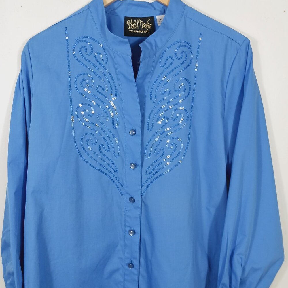 Bob Mackie NWT, Size Med., Blue, Button Down Shirt W/ Sequins & Mandarin Collar - Picture 7 of 16